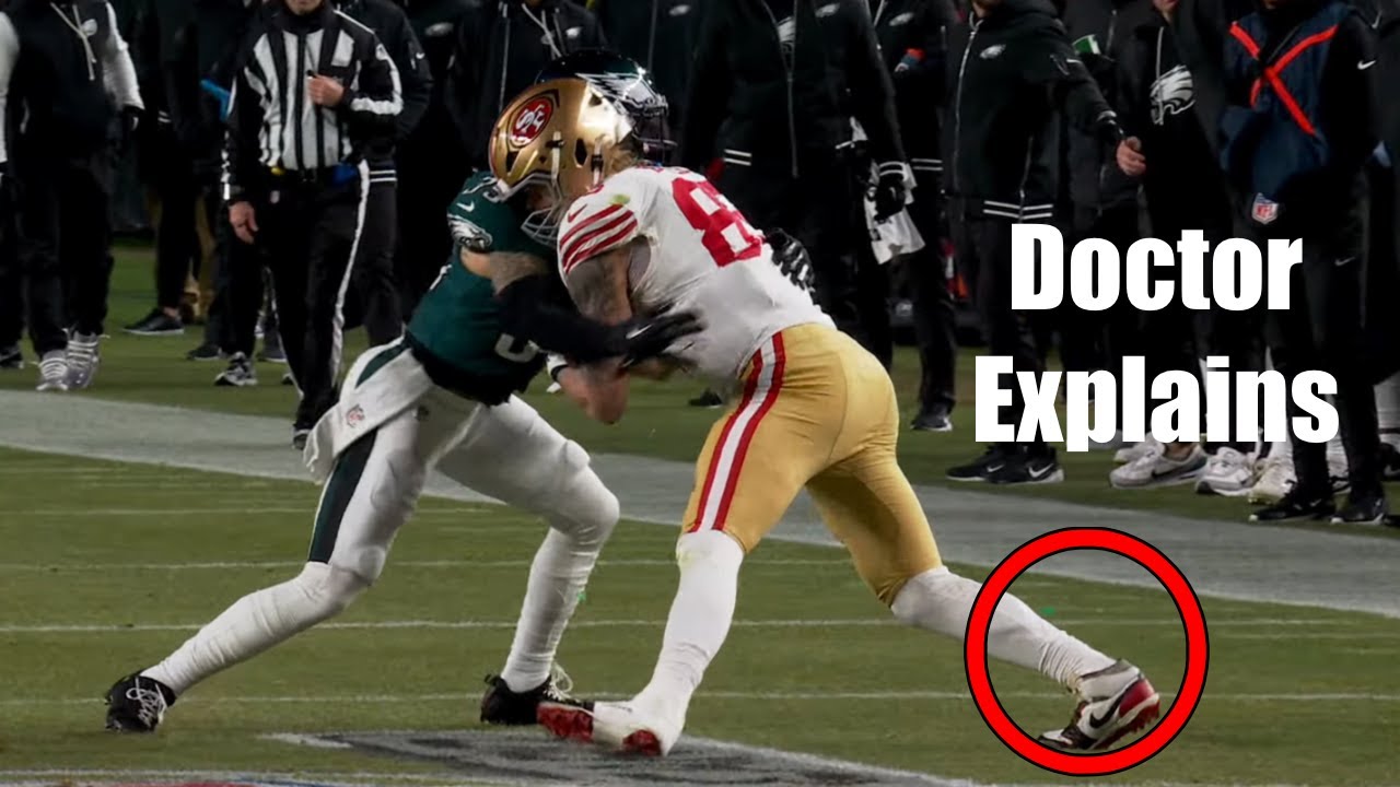 YouTube post by @BrianSuttererMD for LMNT. Caption reads: George Kittle Carted Off with Severe Achilles....