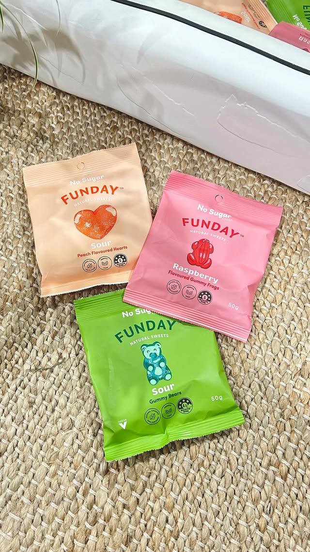 Instagram post by @lexbulll for FUNDAY Natural Sweets. Caption reads: @fundaysweets now stocked at Coles 😍 I can....