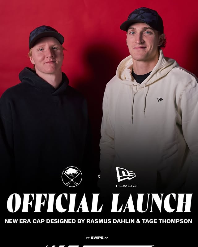 Instagram post by @tommer97 for New Era Cap. Caption reads: [...] and Rasmus Dahlin teamed up with @NewEraCap....