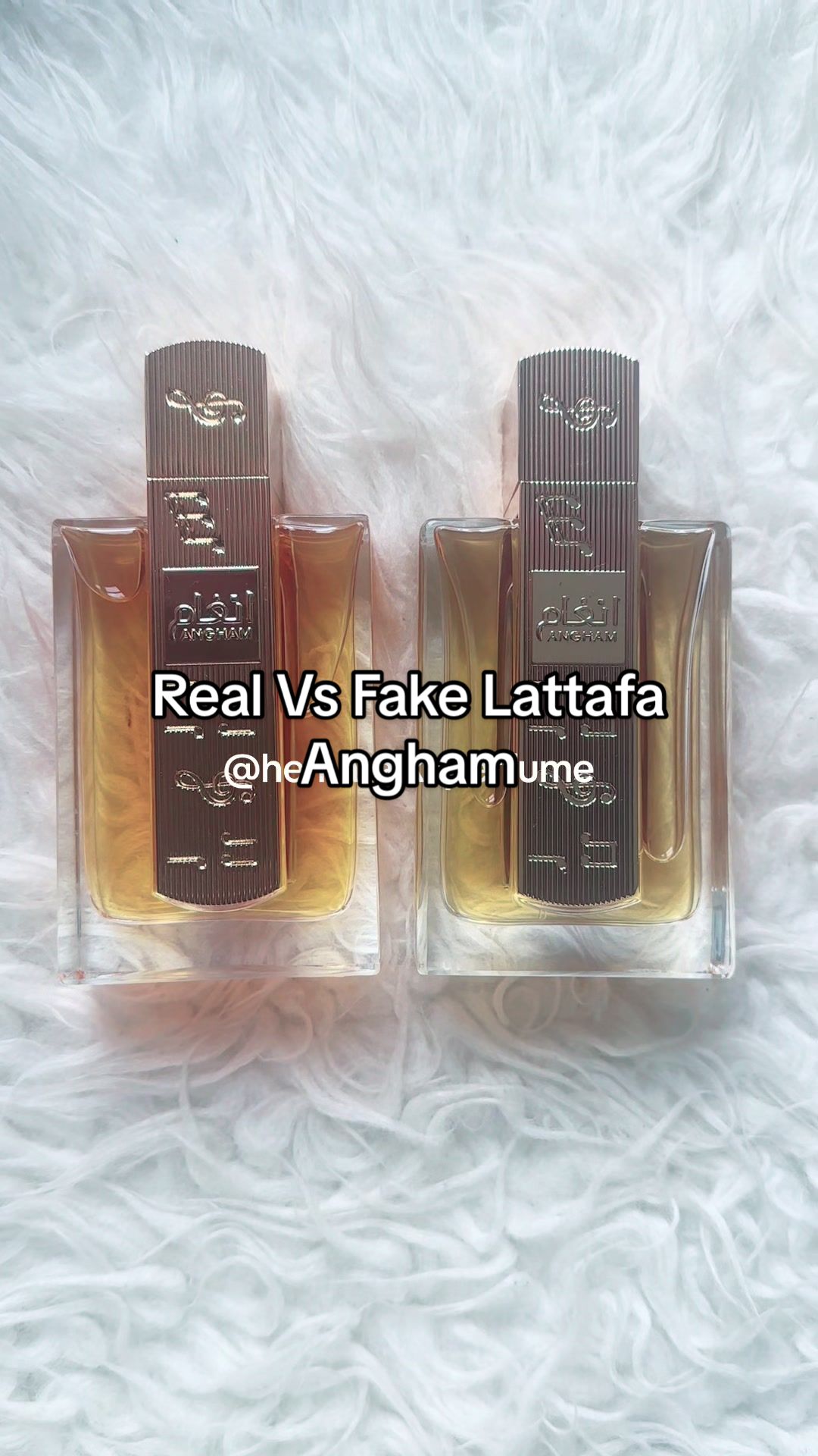 TikTok post by @hematalksperfume for French Arabian Perfumes. Caption reads: Lattafa Angham real vs fake!?  I can’t stress....