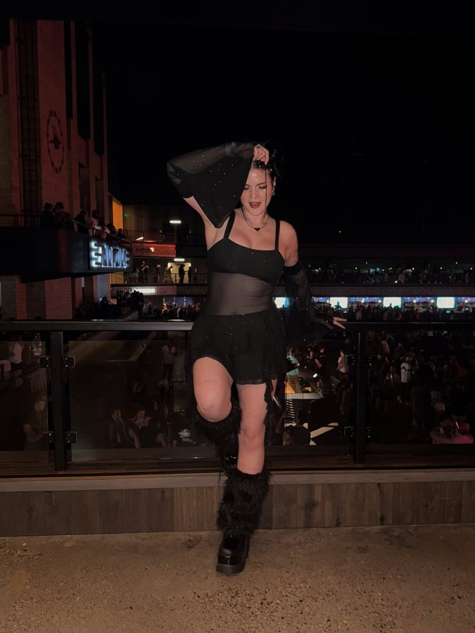 Instagram post by @hope.schwing for iHeartRaves. Caption reads: [...] know where I’ll be. 🪩 
.
Dress from....