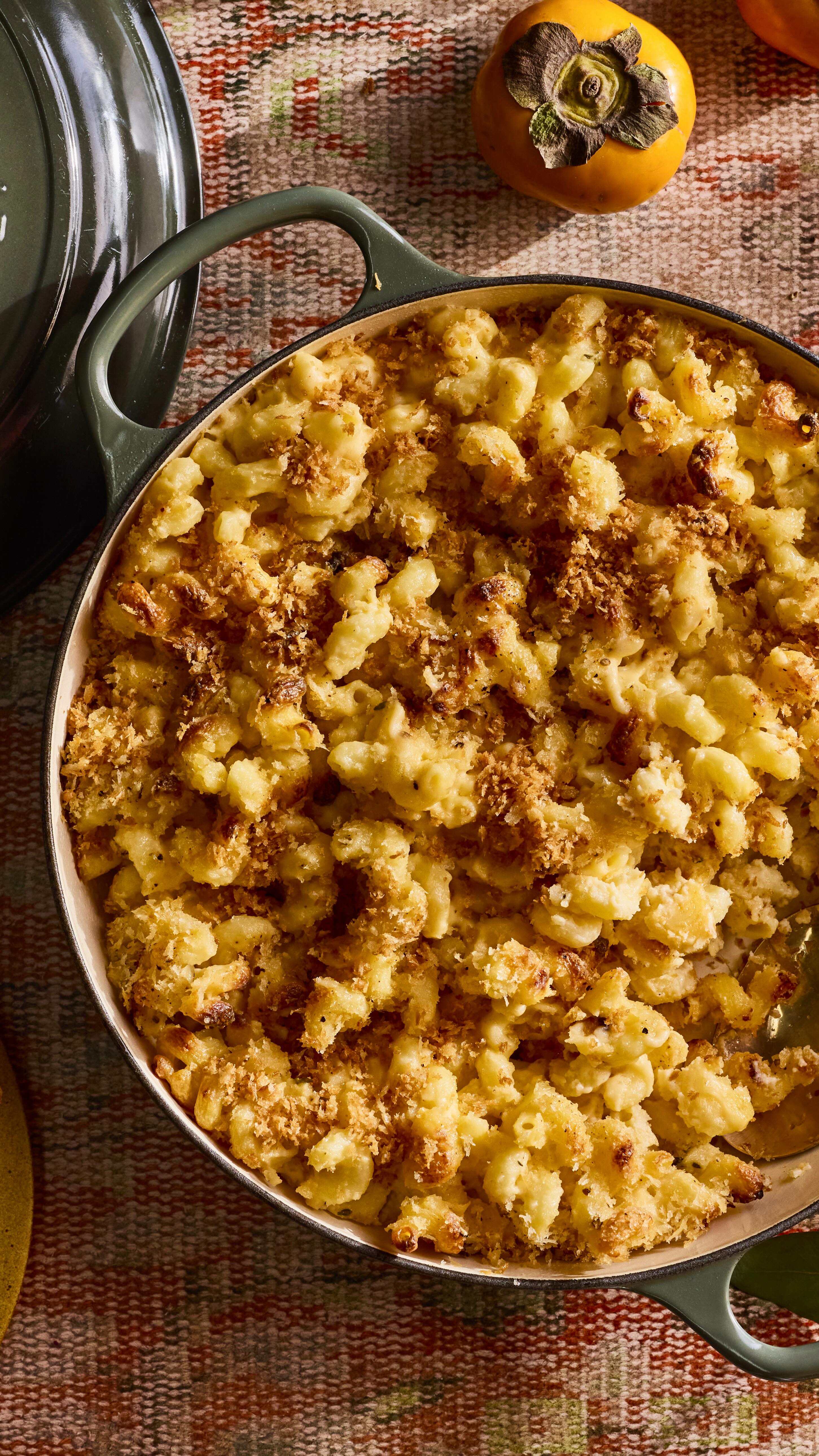 Instagram post by @whatsgabycookin for Le Creuset. Caption reads: Bookmark this for the most decadent Mac and Cheese....