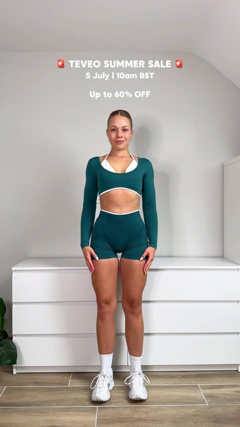 Instagram post by @kateriina_fitness for TEVEO. Caption reads: Get your wishlists ready! 🤩🛍️ @teveo's biggest....
