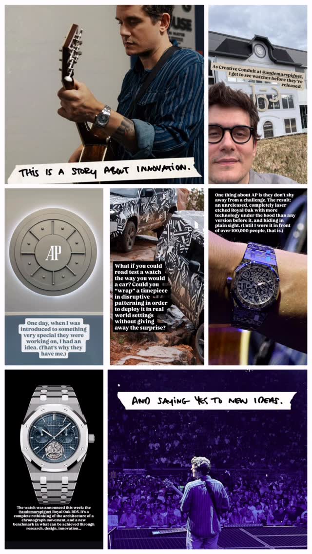 Instagram post by @johnmayersolos for Audemars Piguet. Caption reads: I don’t know a thing about watches but, John knows....