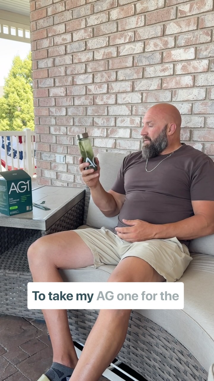 Instagram post by @cleanmondaymeals for AG1. Caption reads: Kev drinks AG1 every single morning—porch sitting,....