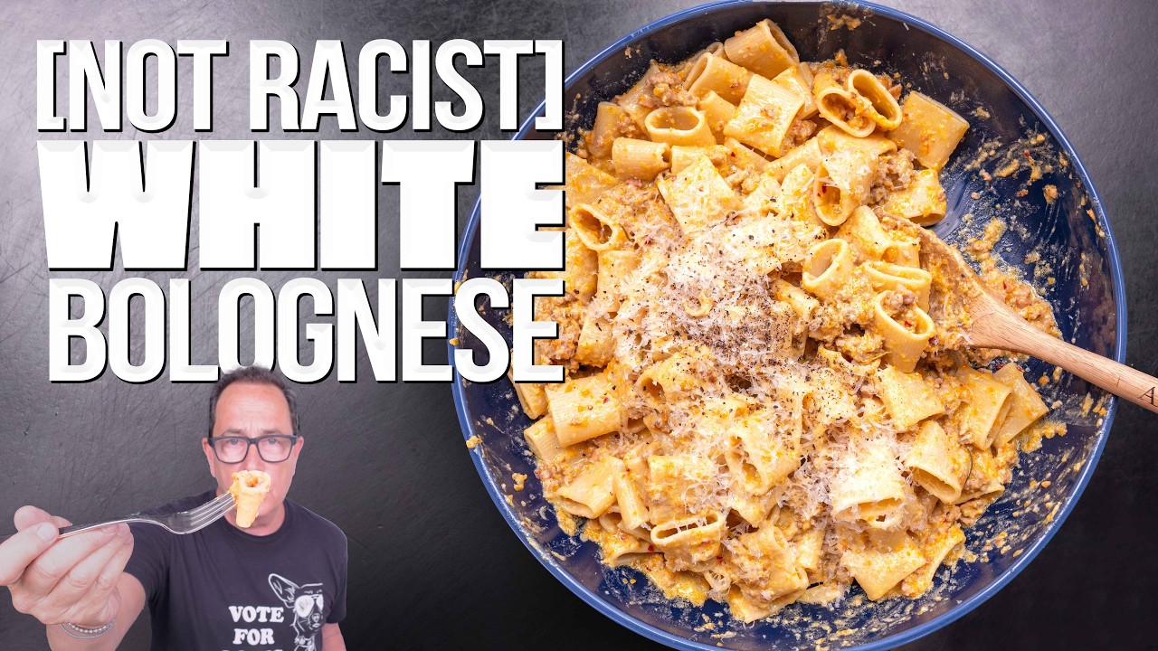 YouTube post by @samthecookingguy for Drink LMNT. Caption reads: THE PASTA THAT BLEW OUR MINDS...WHITE BOLOGNESE! |....