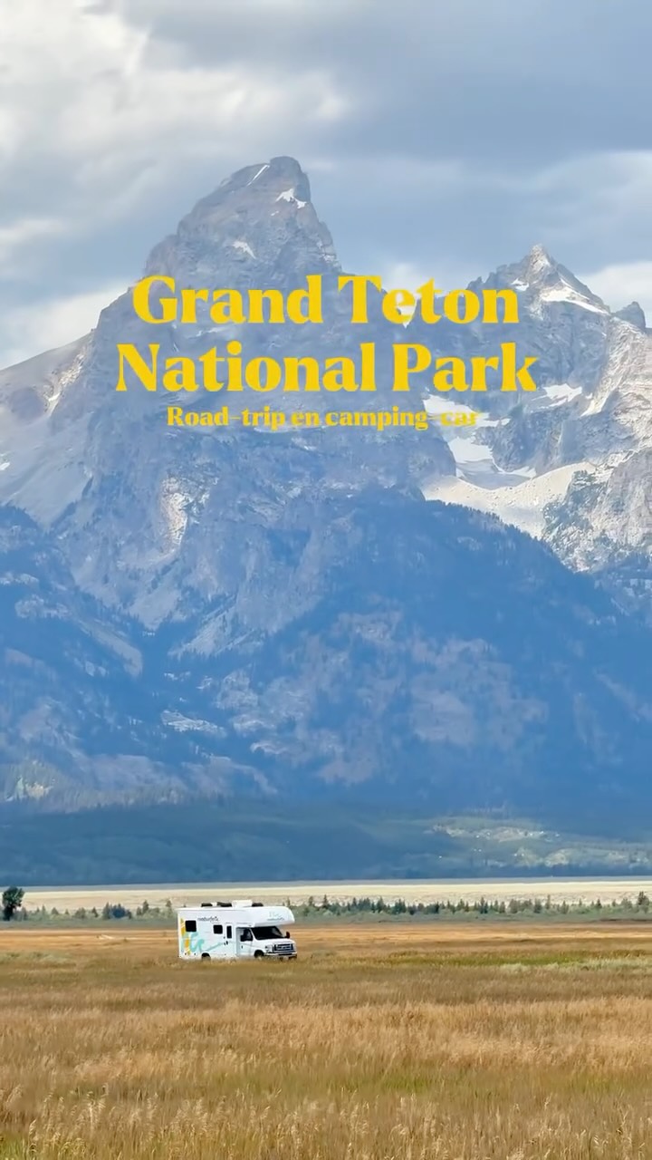 Instagram post by @noscurieuxvoyageurs for Roadsurfer. Caption reads: Bienvenue à Grand Teton National Park 🏔️ Ici, on....