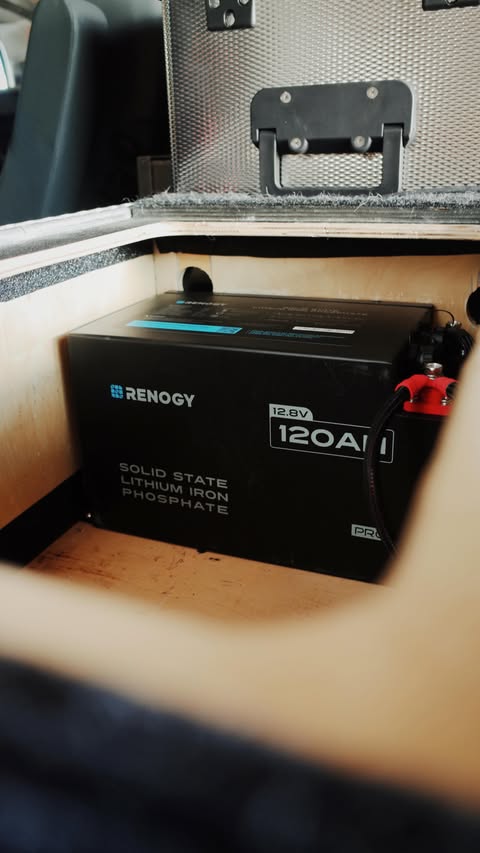 Instagram post by @la.cruiser for Renogy. Caption reads: The new @renogyofficial semi-solid state lithium....