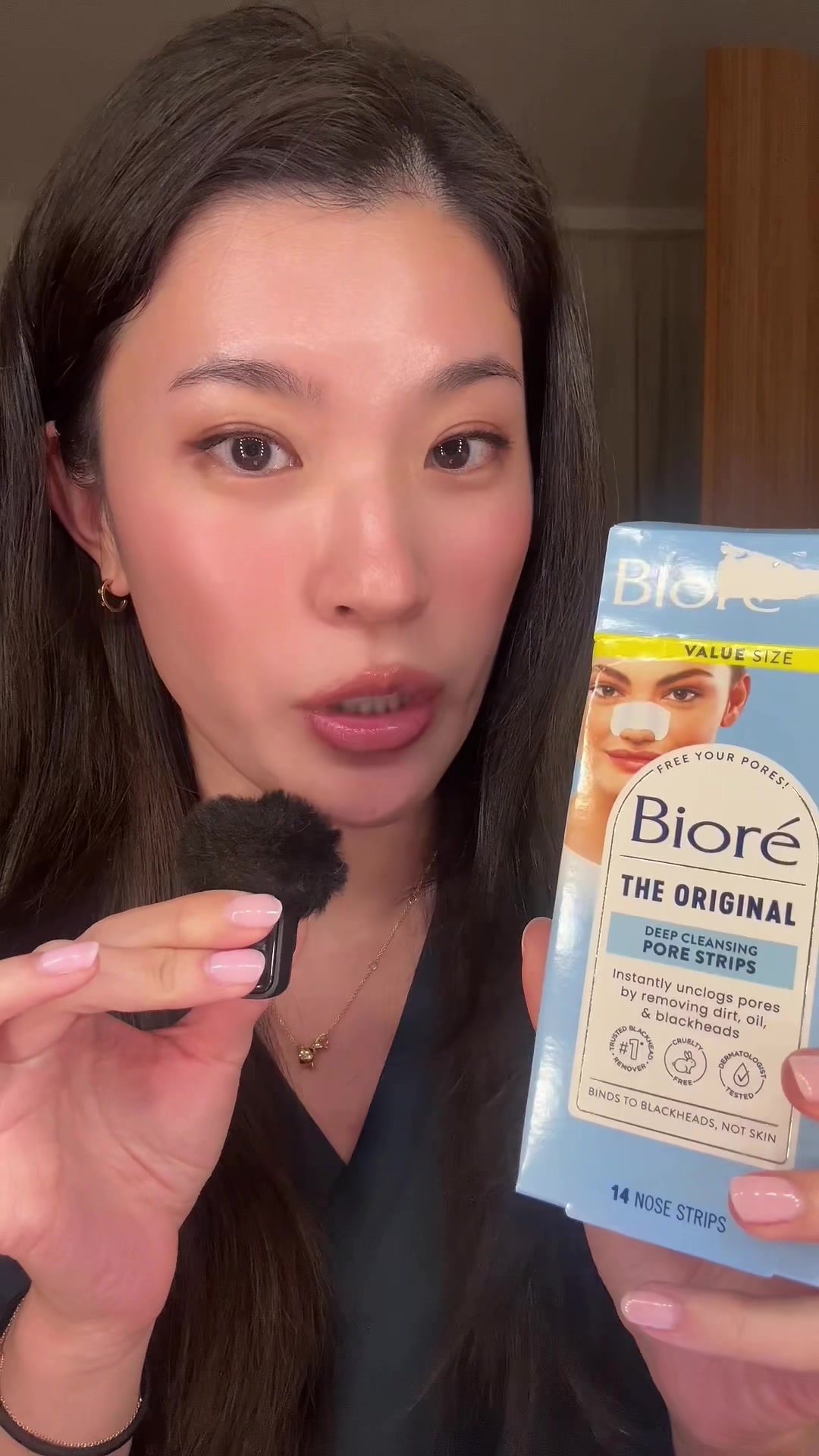 TikTok post by @donatsuyang for Bioré. Caption reads: [...] strip that keeps my nose texture free ....