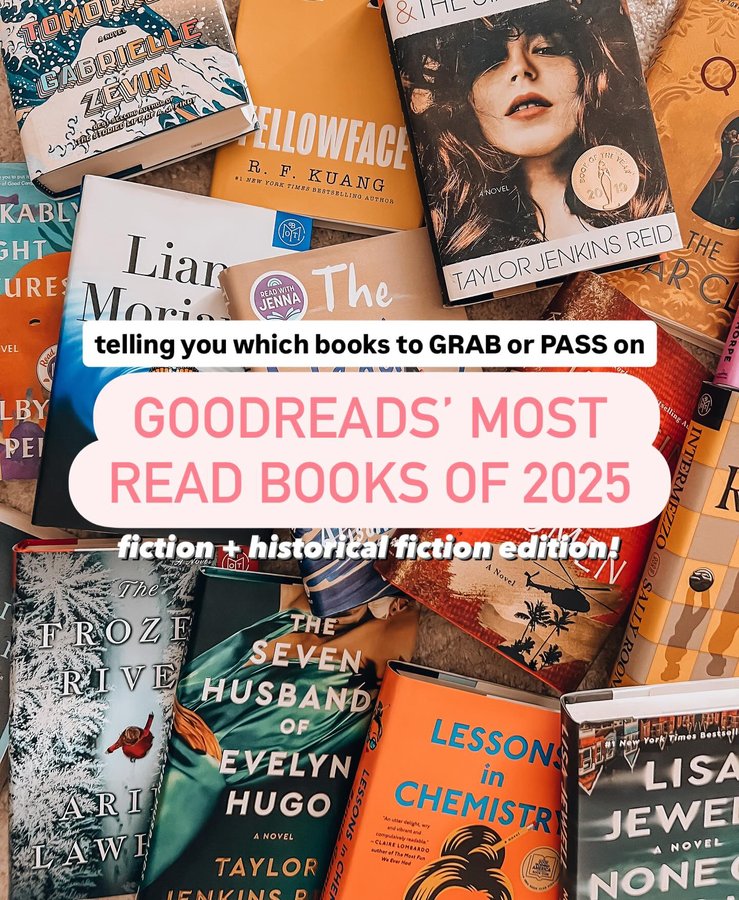 Instagram post by @emilybookedup for Goodreads. Caption reads: my thoughts on the @goodreads most read books of....