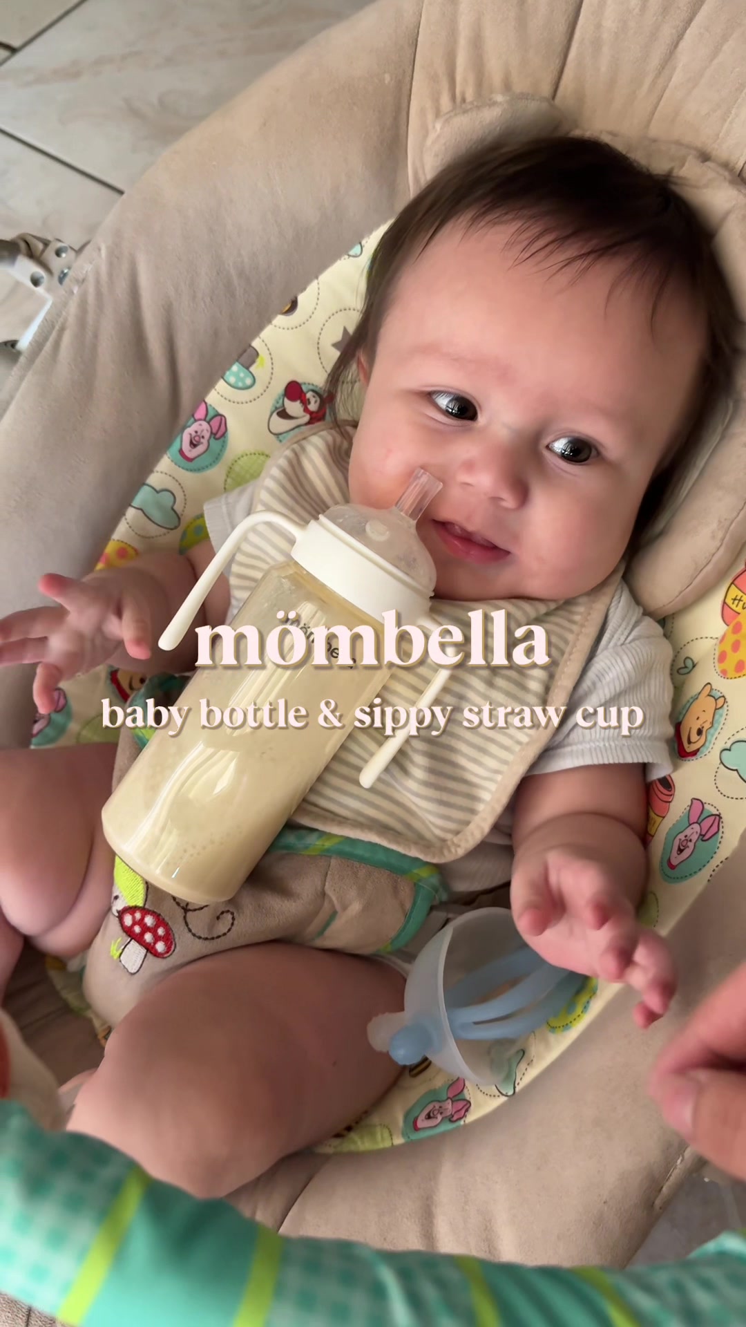 TikTok post by @jaackiexdiaaz for mombella official. Caption reads: First sip from his Mombella straw cup 🥹✨ Growing....