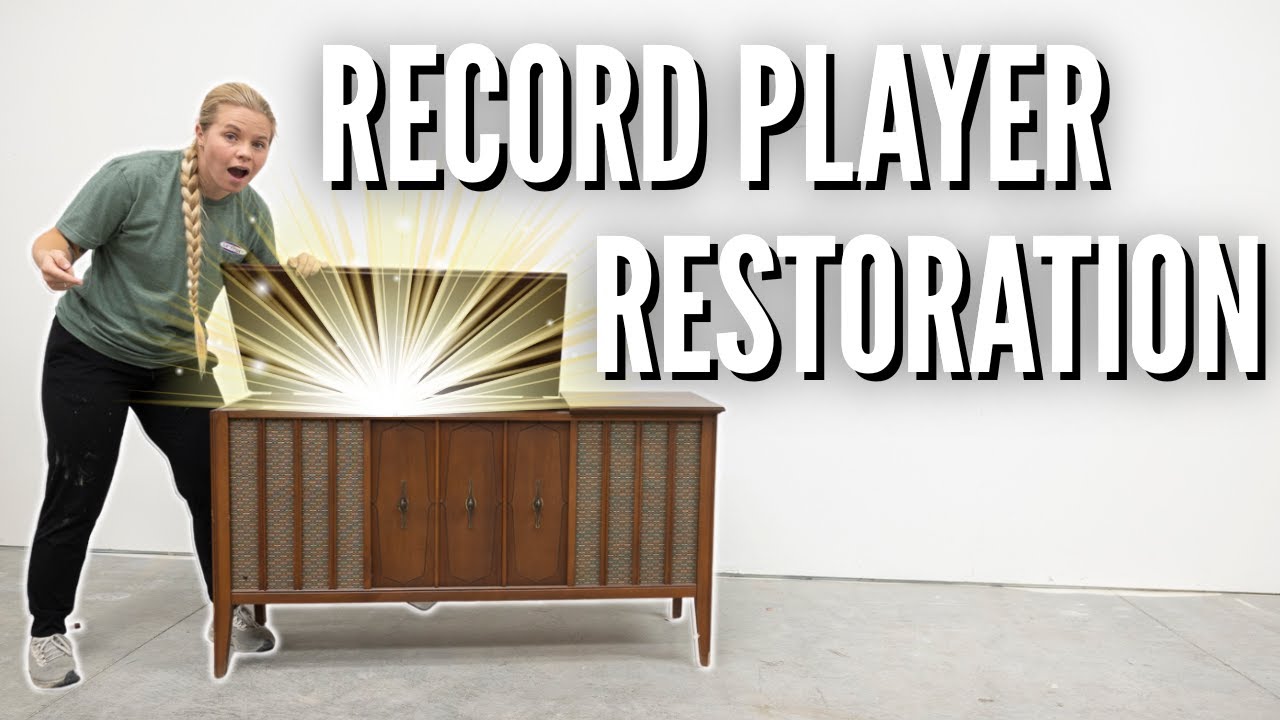 YouTube post by @FurnitureFlippingTeacher for SurfPrep sanding. Caption reads: Restoring a Classic | Vintage Record Player....