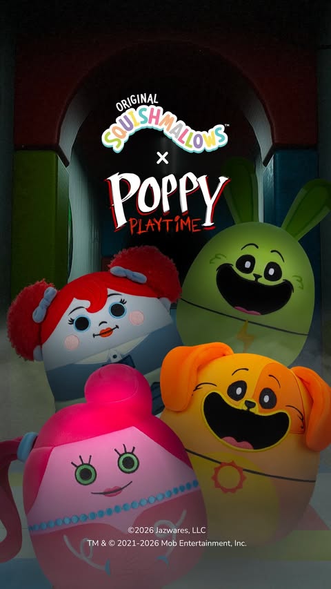 Instagram post by @poppyplaytimeco for Squishmallows. Caption reads: You’re not alone anymore 👀 New Squishmallows x....