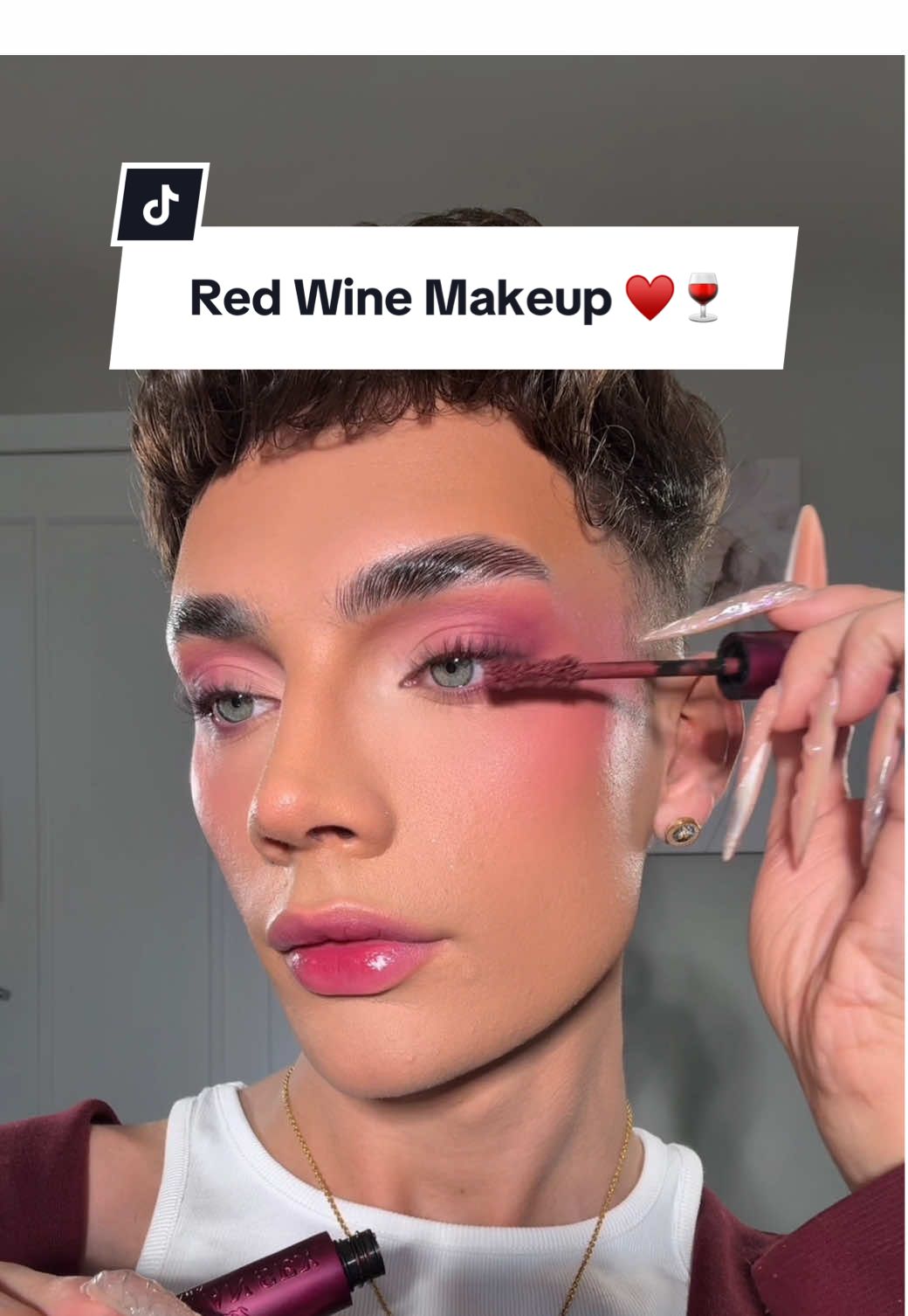TikTok post by @lucasrodgerss for Too Faced. Caption reads: ad | Red Wine Makeup w @Too Faced ♥️ using:....