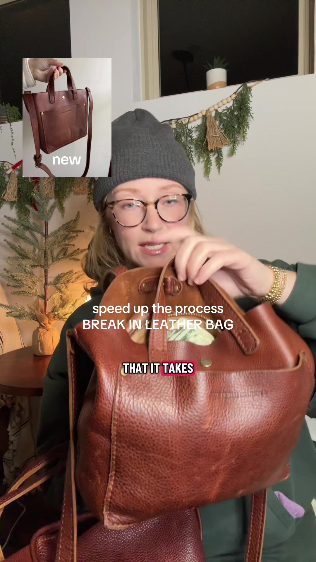 TikTok post by @cindellkimbrough for Portland Leather Goods. Caption reads: Don’t baby your bags and they will love you back.....