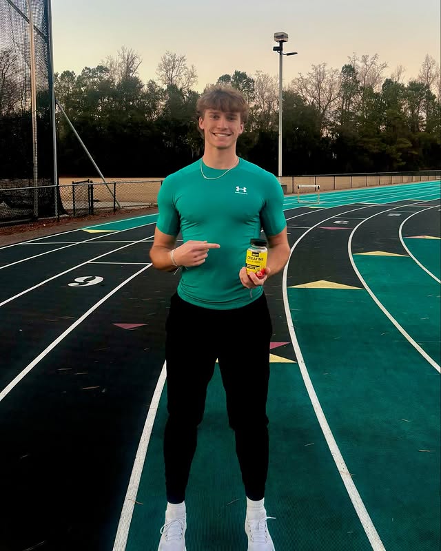 Instagram post by @levihoenninger for CON-CRĒT Creatine. Caption reads: From hurdles to high jumps, every event demands my....