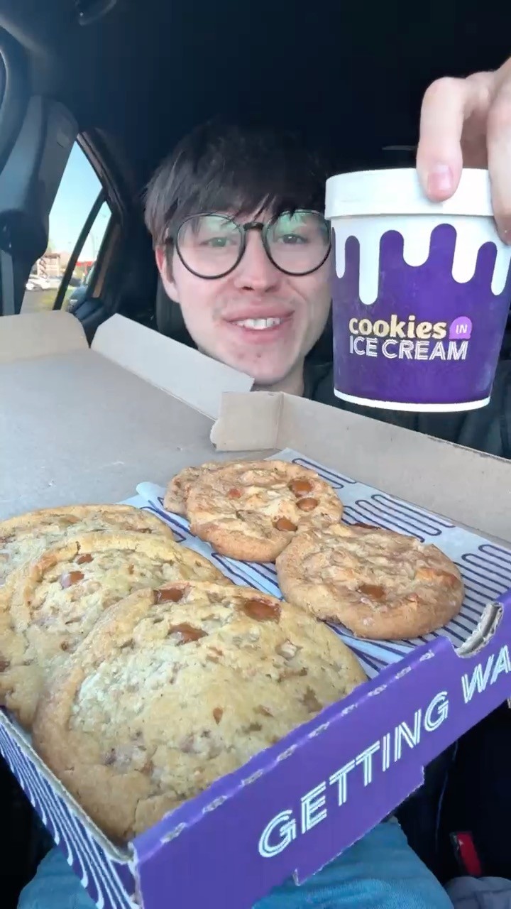Instagram post by @caloriecarnage for Insomnia Cookies. Caption reads: Let's Eat: Caramel Cookies Edition....