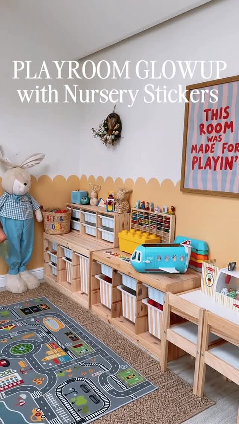 Instagram post by @thomasfamilyadventures_ for Nursery Stickers. Caption reads: [...] Jasper’s playroom thanks to @nurserystickers....