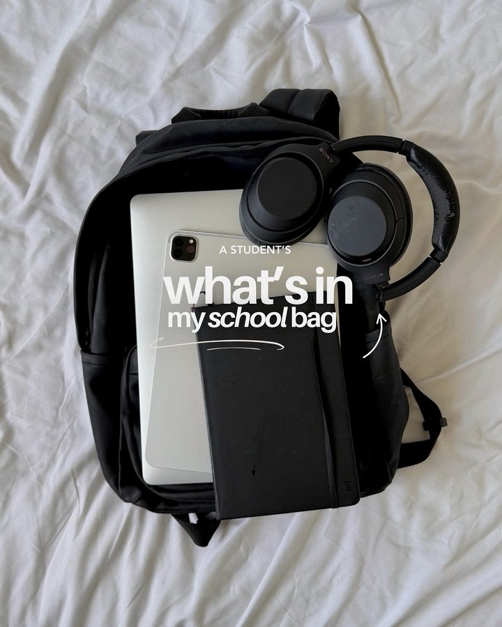 Instagram post by @justt_eliass for Paperlike. Caption reads: 💼 what’s in my bag! as a student, here are the....