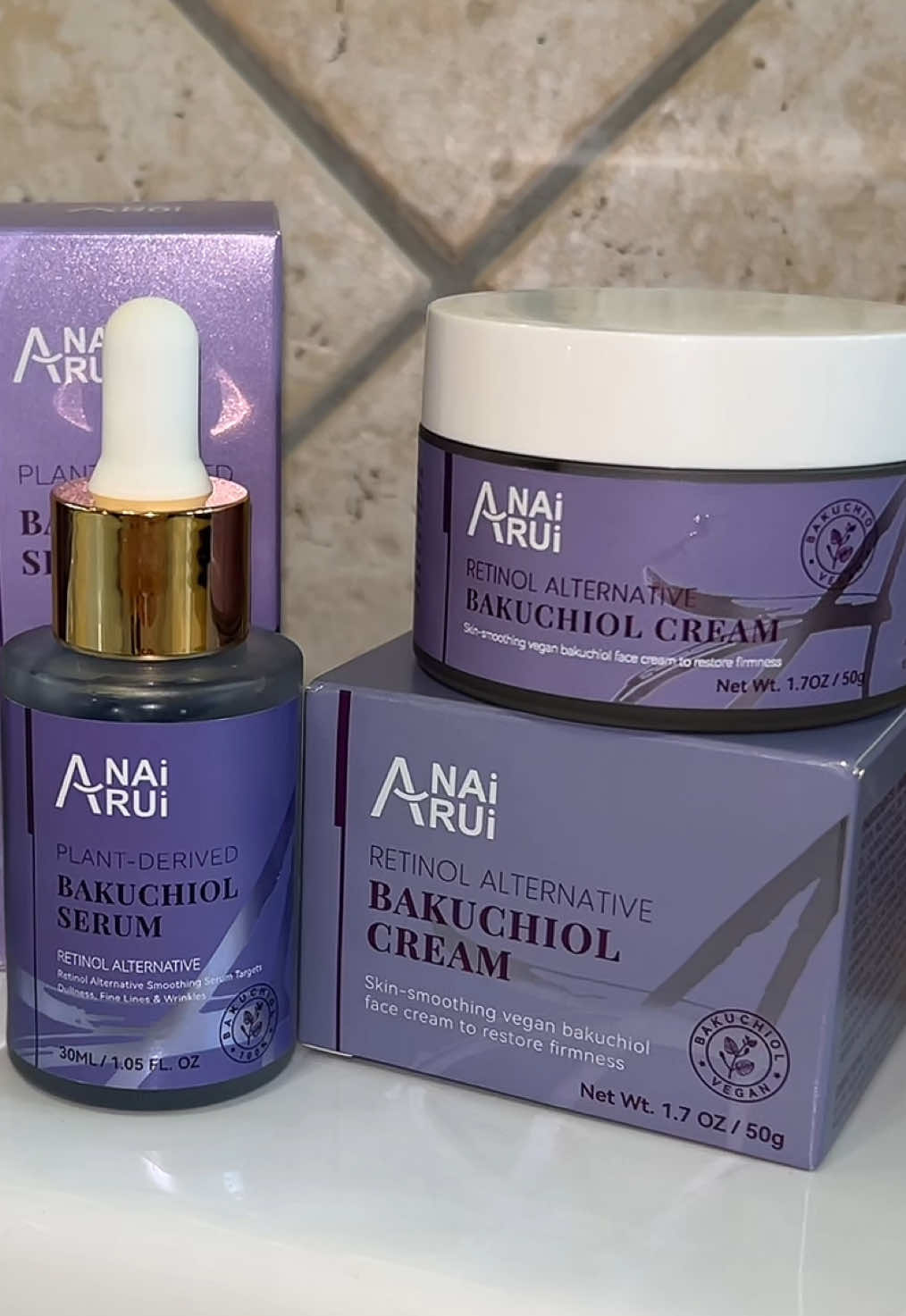 TikTok post by @fedederica_ for ANAIRUI Skin Care. Caption reads: [...] 25% of code bakuchiol #anairui....