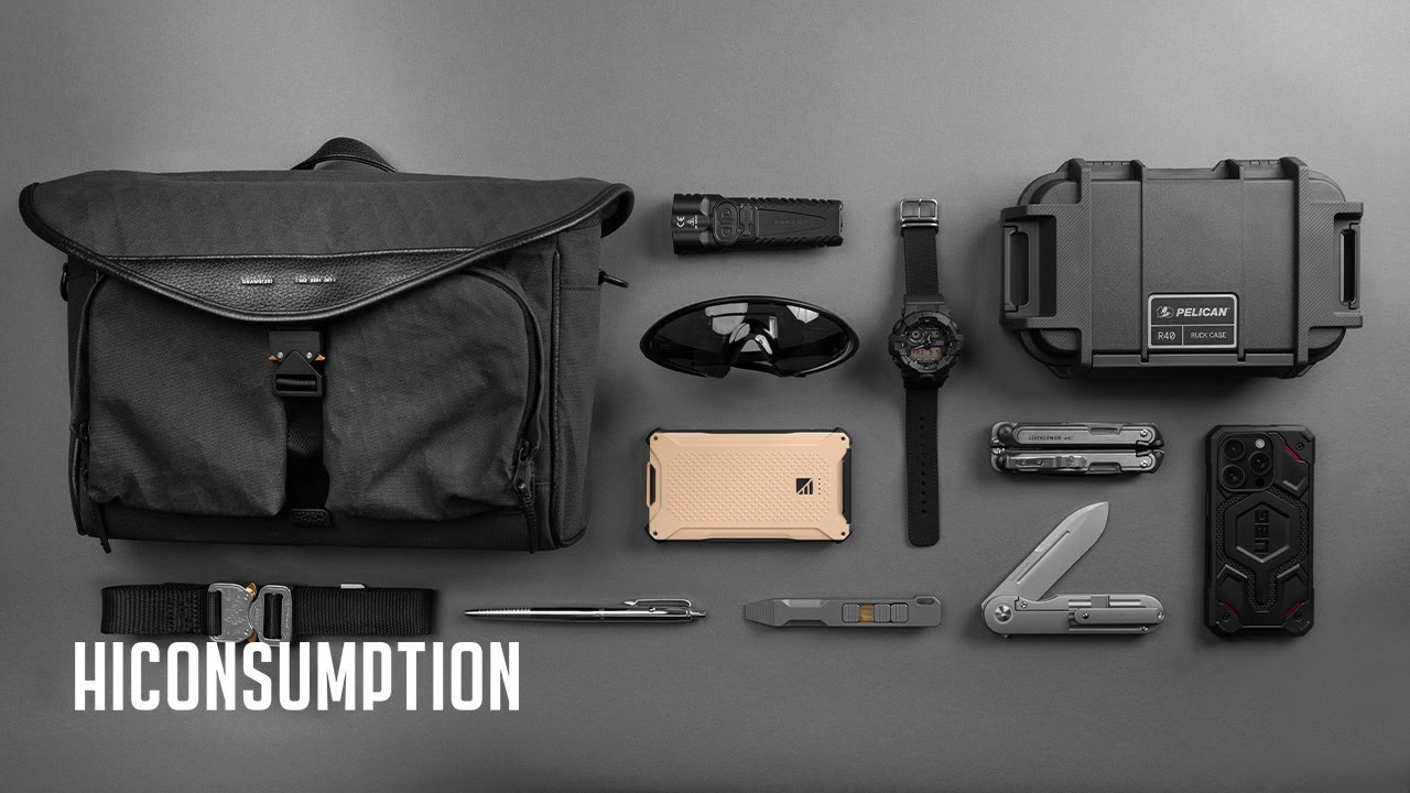 YouTube post by @Hiconsumption for Leatherman. Caption reads: 12 Ultra Tough EDC Essentials Built To Take A....