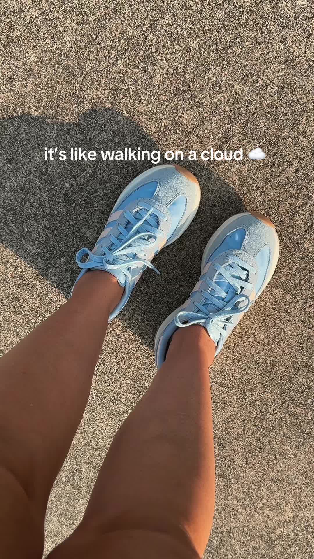 TikTok post by @classycorporatechic for SHOEBACCA.COM. Caption reads: The comfiest shoes I’ve ever worn ☁️ #adidas....