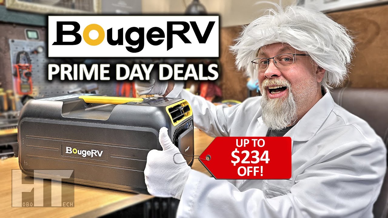 YouTube post by @HOBOTECH for BougeRV. Caption reads: BougeRV | Amazon PRIME DAY | Deals On Solar Panels....