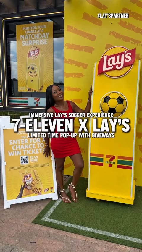 Instagram post by @iamdestinyadams for 7-ELEVEN. Caption reads: #LaysPartner 7-Eleven x Lay’s Takeover ⚽️🥔 @Lay’s....