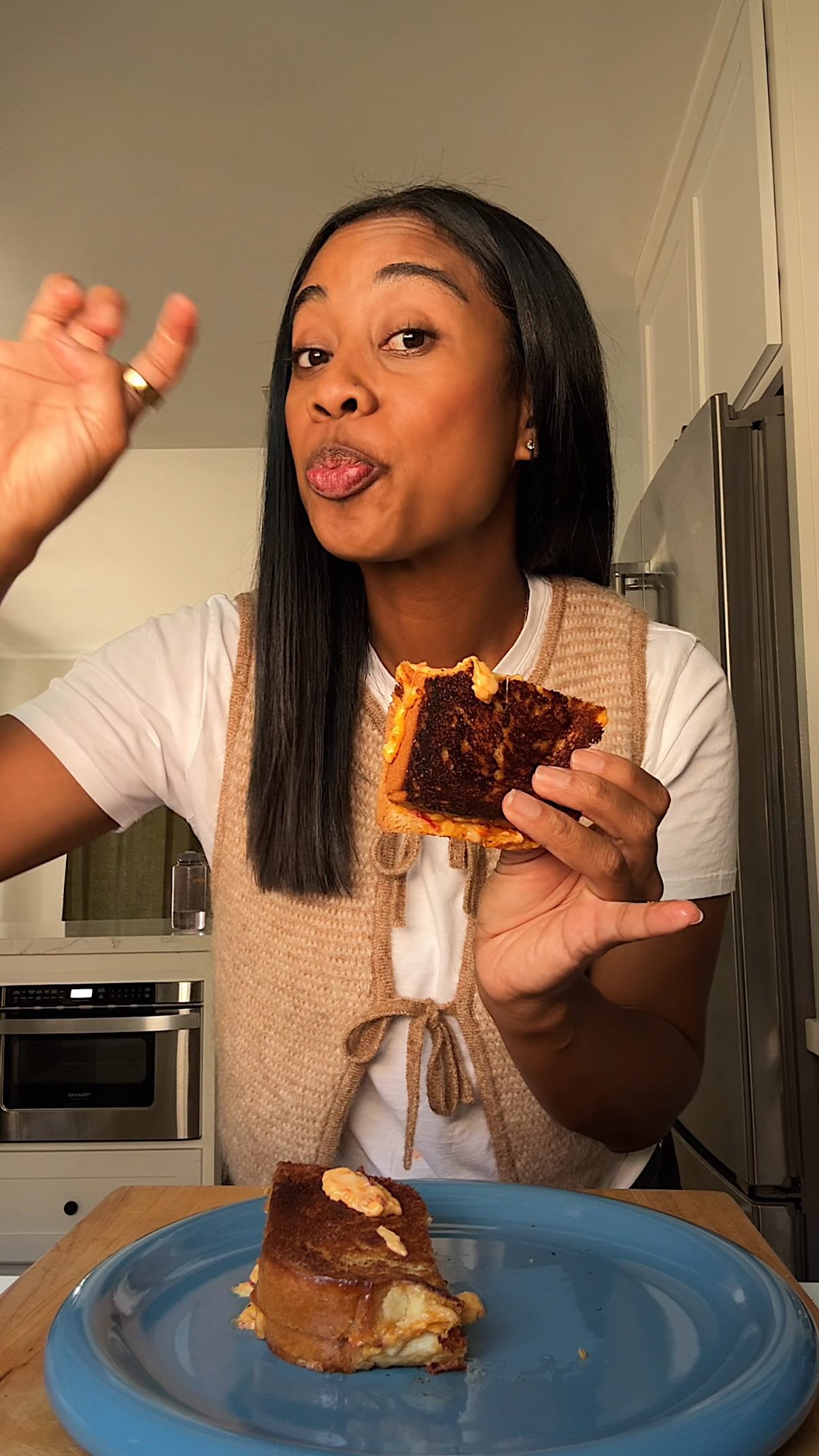 Instagram post by @whisperofyum for Cabot Creamery Cooperative. Caption reads: Pimento grilled cheese on brioche.
Using my....