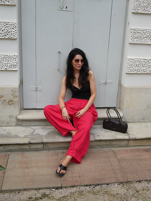 Instagram post by @im__marlen for stylewe.com. Caption reads: I couldn’t resist that red 🍒 Linen pants @stylewe....