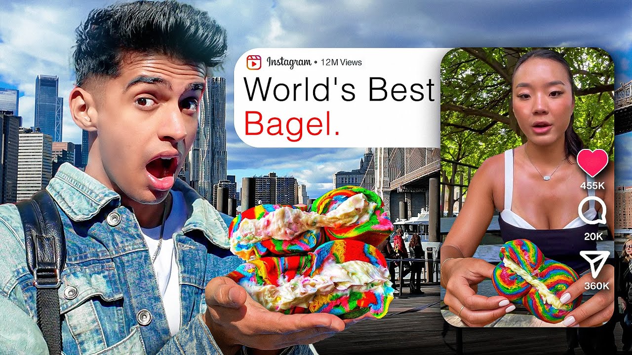 YouTube post by @ZaidZIZ for Honeygain. Caption reads: I Tested all Viral Instagram Food in New York 🇺🇸.