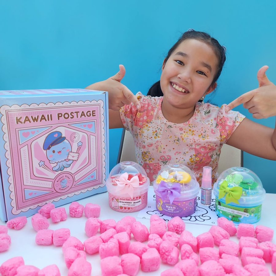 Instagram post by @coletteplaytime for Kawaii Slime Company. Caption reads: Kawaii Slime!! 🍓😸🐸😍

Check out our package....