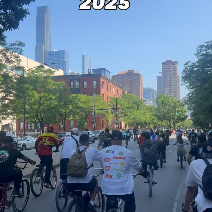 Instagram post by @riogocrazyy for SE Bikes. Caption reads: CHICAGO RIDEOUT 2025‼️ SPONSORED BY @sebikes‼️....
