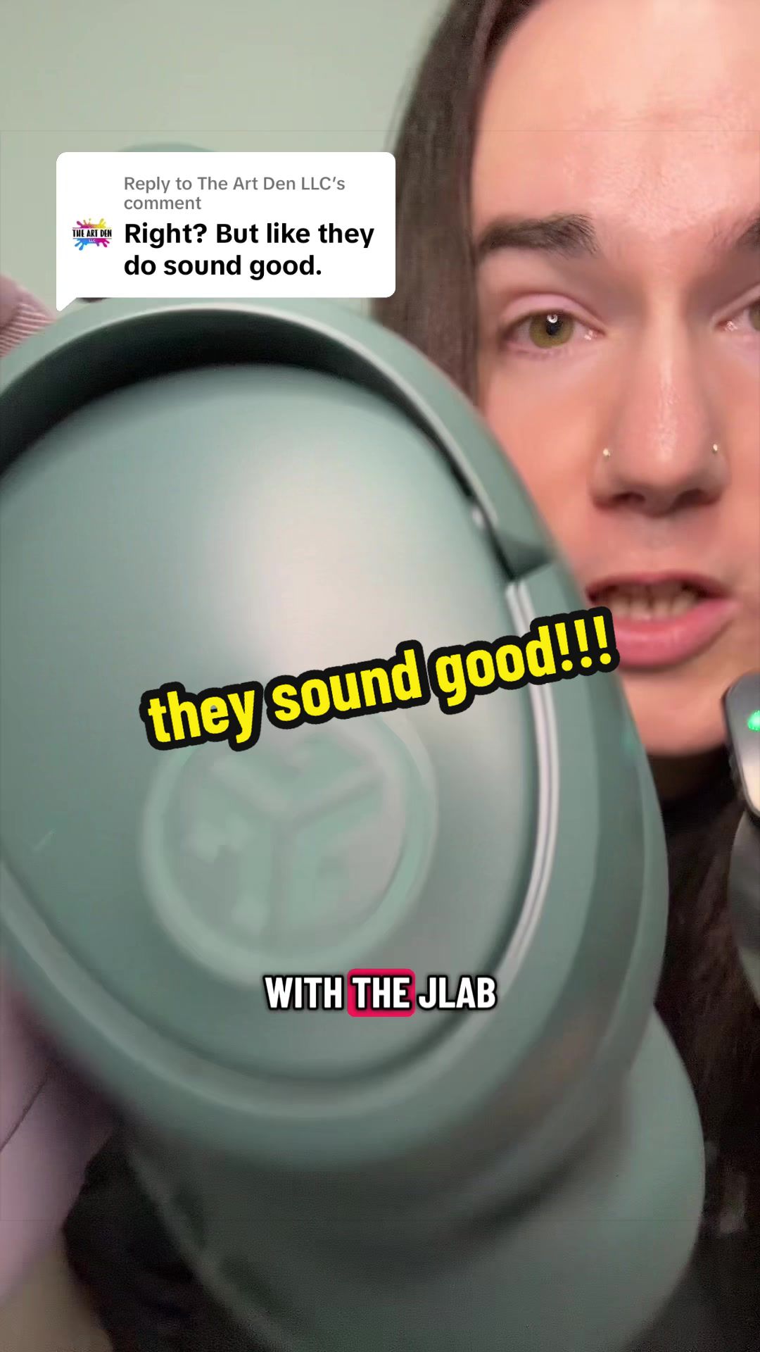 TikTok post by @beautyintheblasphemy for JLab Hong Kong. Caption reads: Replying to @The Art Den LLC the JBuds LUX ANC....