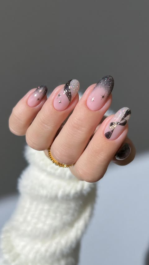 Instagram post by @heygreatnails for Apres Nail. Caption reads: 🪩🖤🎀 @apresnailofficial midnight sparkle moment....