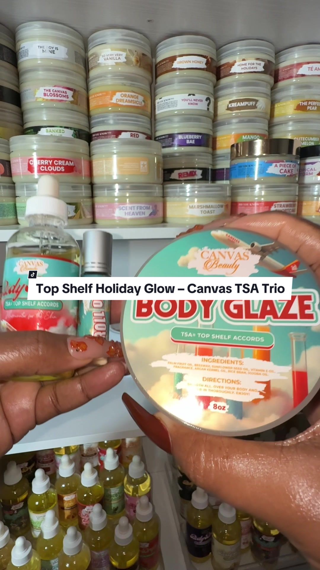 TikTok post by @shopwithtamikamonelle for Canvas Beauty Brand. Caption reads: @CANVAS BEAUTY BRAND TSA Trio is cozy, spiced, and....