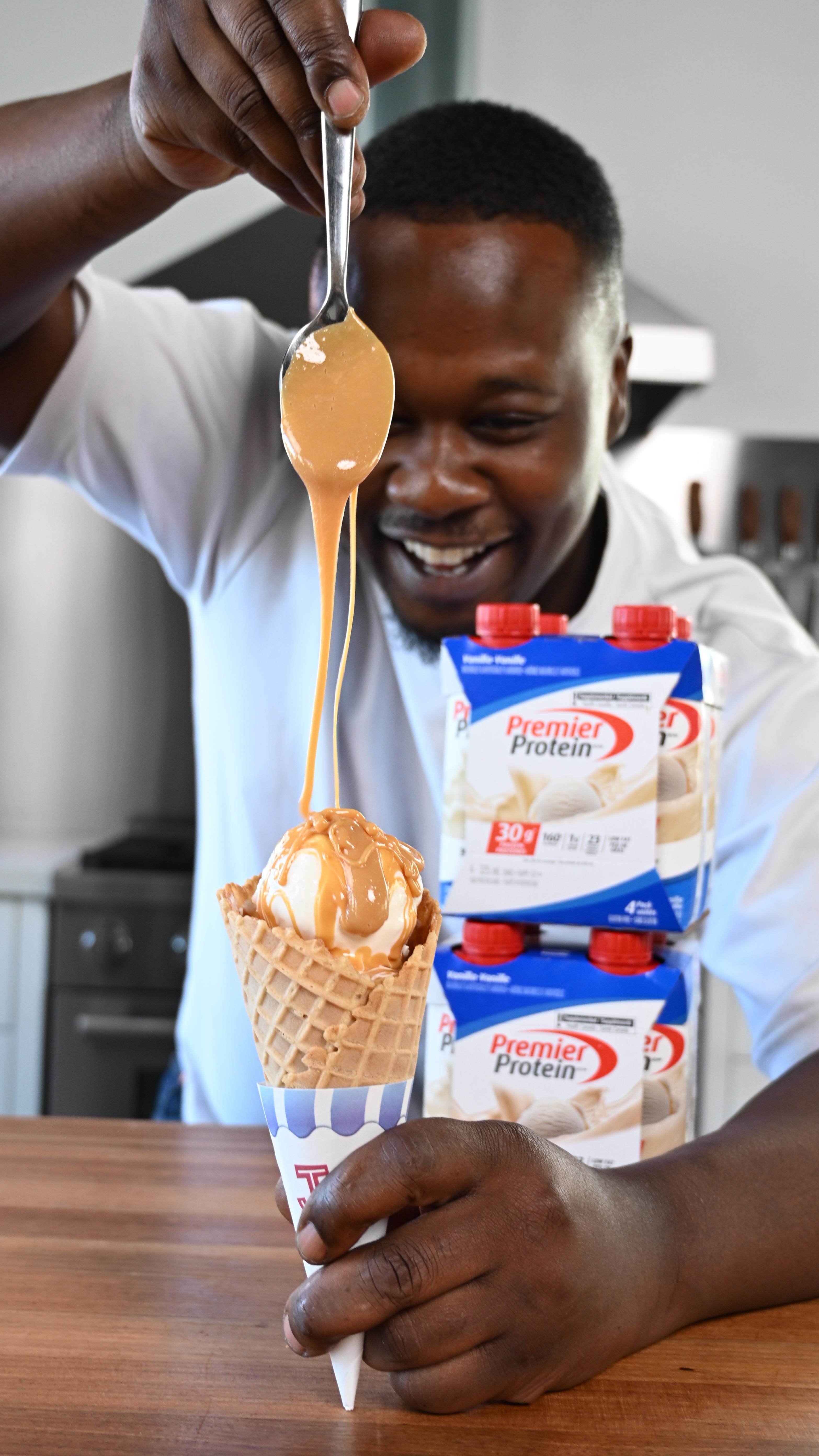 Instagram post by @chefdwightsmith for Premier Protein. Caption reads: #AD 4 ingredient High Protein Vanilla Ice Cream....