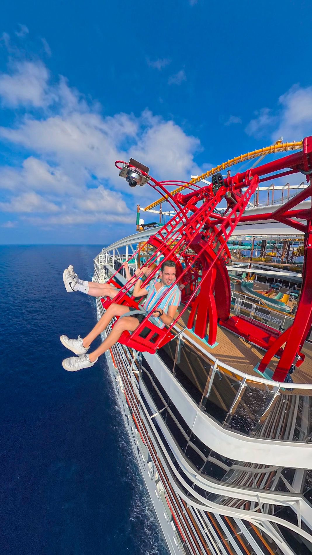 Instagram post by @themepark_explorers for MSC Cruises. Caption reads: The only over water swing ride at sea: would you....