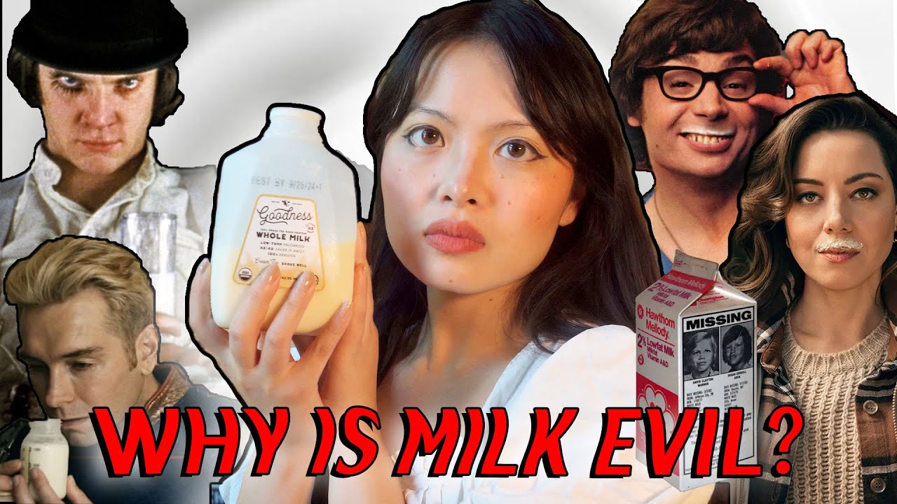 YouTube post by @gremlita for Thrillist. Caption reads: The Evil Symbolism of Milk.