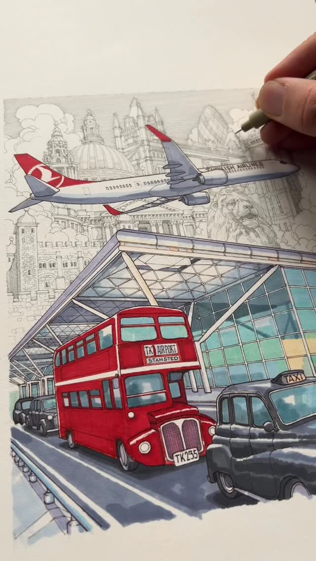Instagram post by @maxwellillustration for Turkish Airlines. Caption reads: Stansted Airport, with @turkishairlines 🇬🇧 🇹🇷....