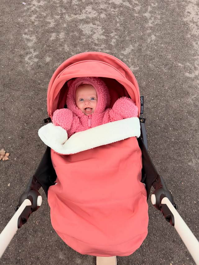 Instagram post by @kiarra.hillman for Stokke. Caption reads: [...] DAUGHTER and how cute is she in her pink....