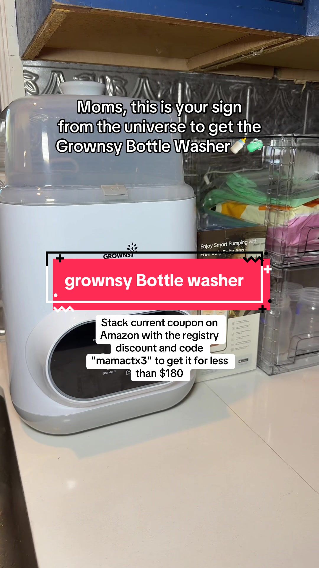 TikTok post by @mamacourtx4 for GROWNSY. Caption reads: [...] at check out! #bottlewasher #grownsy....