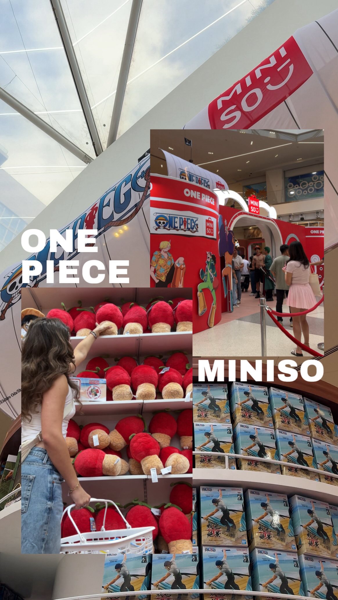 Instagram post by @elisaannenbergpaglia for MINISO. Caption reads: Got to check out the Miniso x One Piece pop-up....