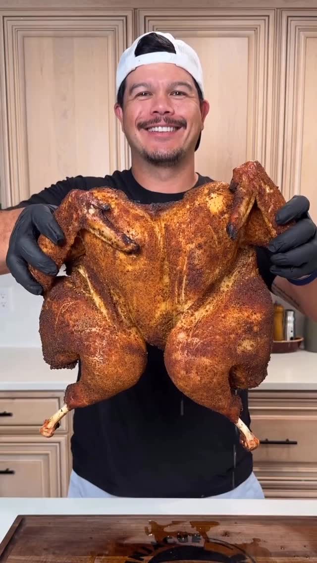 Instagram post by @ninjacue for Pit Boss Grills. Caption reads: Let’s spatchcock, brine and smoke  a turkey using....