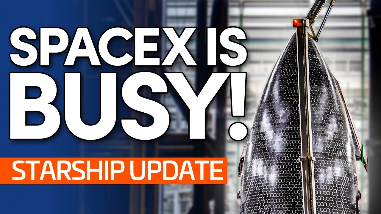 YouTube post by @NASASpaceflight for Storyblocks. Caption reads: Starship Flight 12 Nears | Pad 2, Pad 1 Rebuild,....