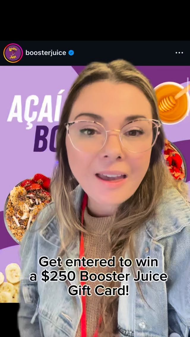 Instagram post by @katiestanners for Booster Juice. Caption reads: Let’s go try the new Açai Bowls at Booster Juice!....