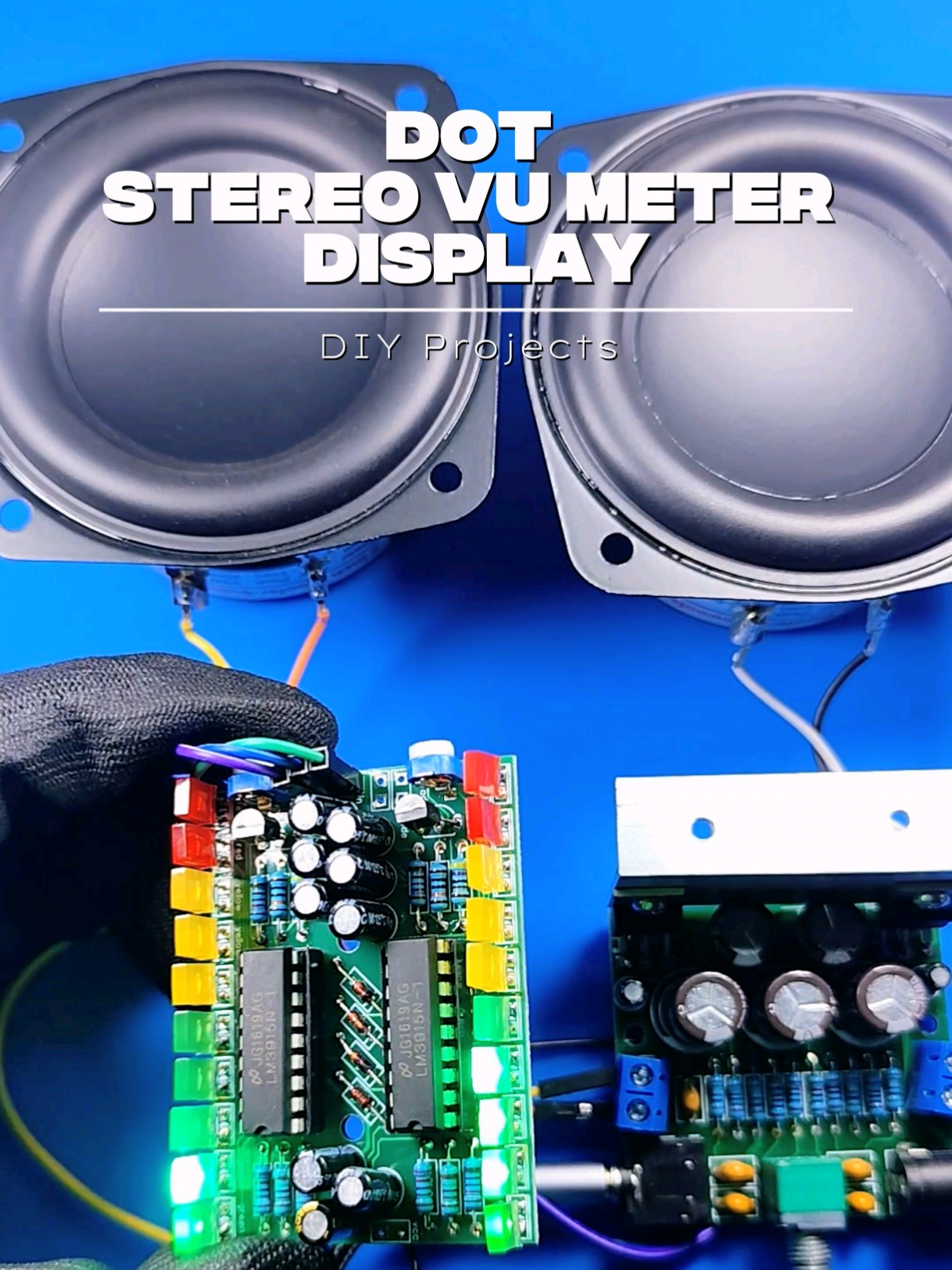 TikTok post by @elwarbraja for JLCPCB. Caption reads: DOT Stereo VU Meter Display DIY — smooth dot-mode....