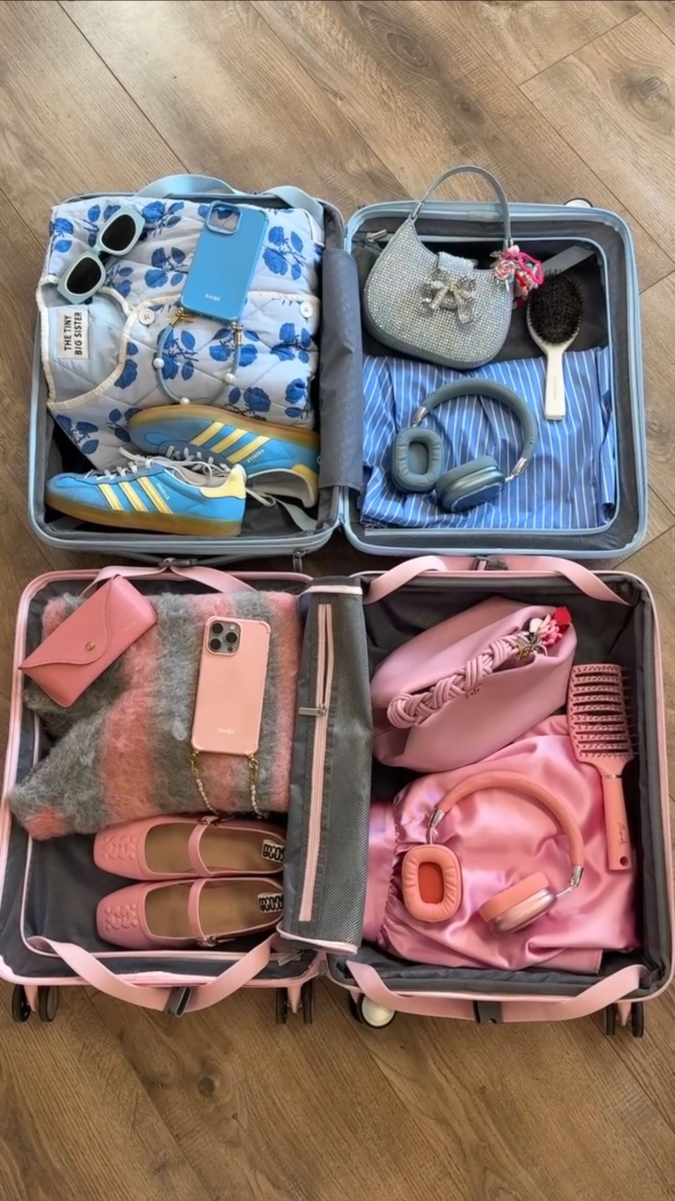 Instagram post by @oliviaandalice for American Tourister. Caption reads: Pink or Blue? Busy packing our dreamy new....