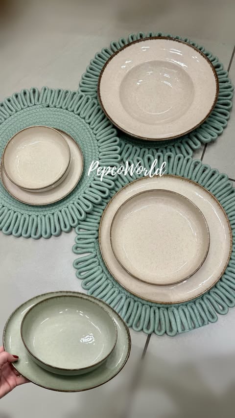 Instagram post by @pepcoworld for Pepco. Caption reads: new tableware collection in beige and sage green....
