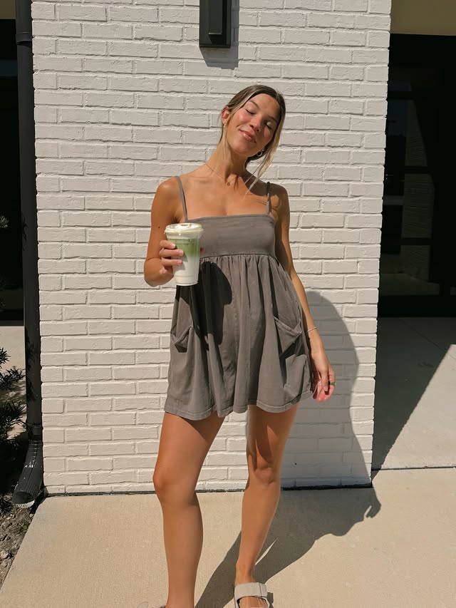 Instagram post by @brynley.joyner for FP Movement. Caption reads: [...] spring time! peach matcha in hand!....